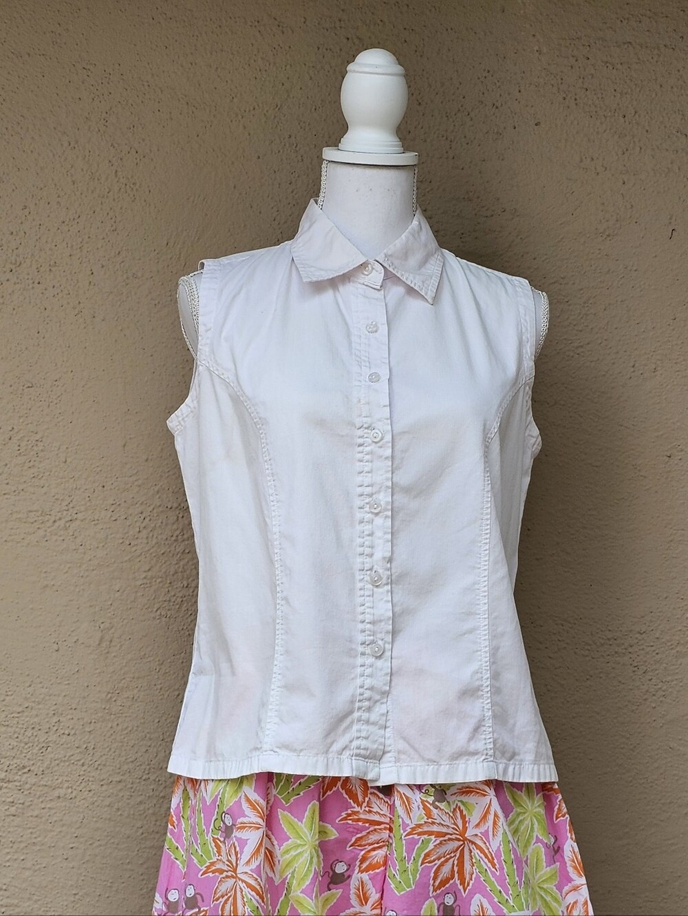 Dockers White Ribbed Sleeveless Button Down Shirt Sz Medium